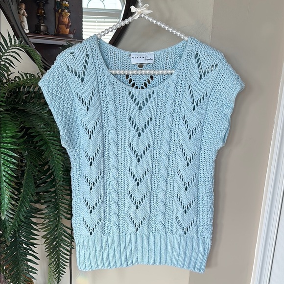 Vintage Vivanti Signature Light Blue Knit Sweater Top 100% Cotton 80s Scoop Neck - Picture 2 of 15